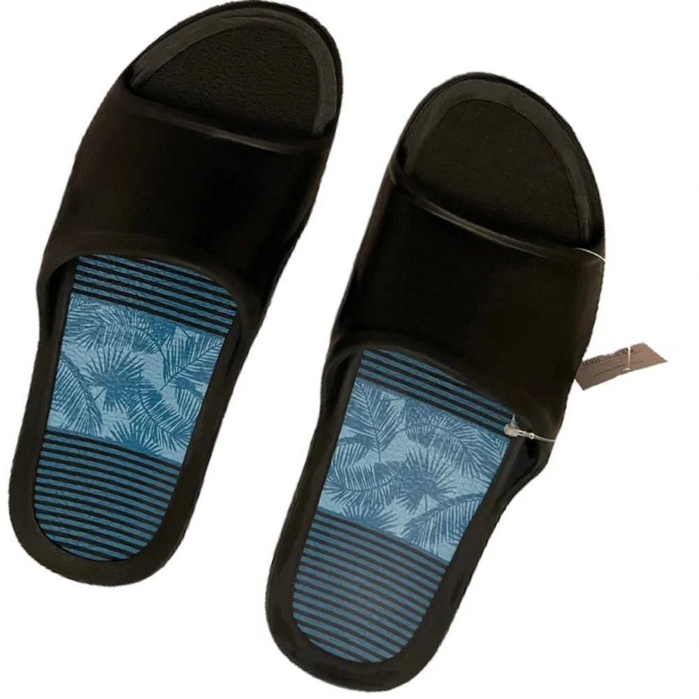 Black Rubber Slip On Sandal Smooth Comfort Cushion Insole Grip Outer Sole Mens 9